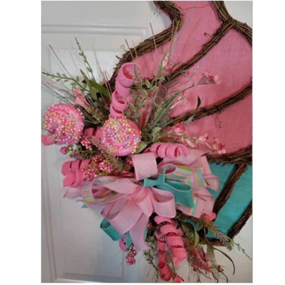 Cupcake Wreath, Pink Blue Birthday Cupcake Front Door Wreath, Hand Crafted